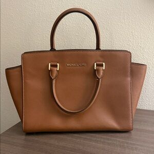 Michael Kors Selma Tan Brown Saffiano Leather Satchel